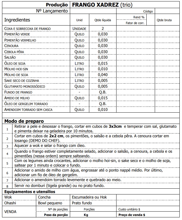 FICHA TÉCNICA -  Kung Pao  -  (Frango Xadrez)